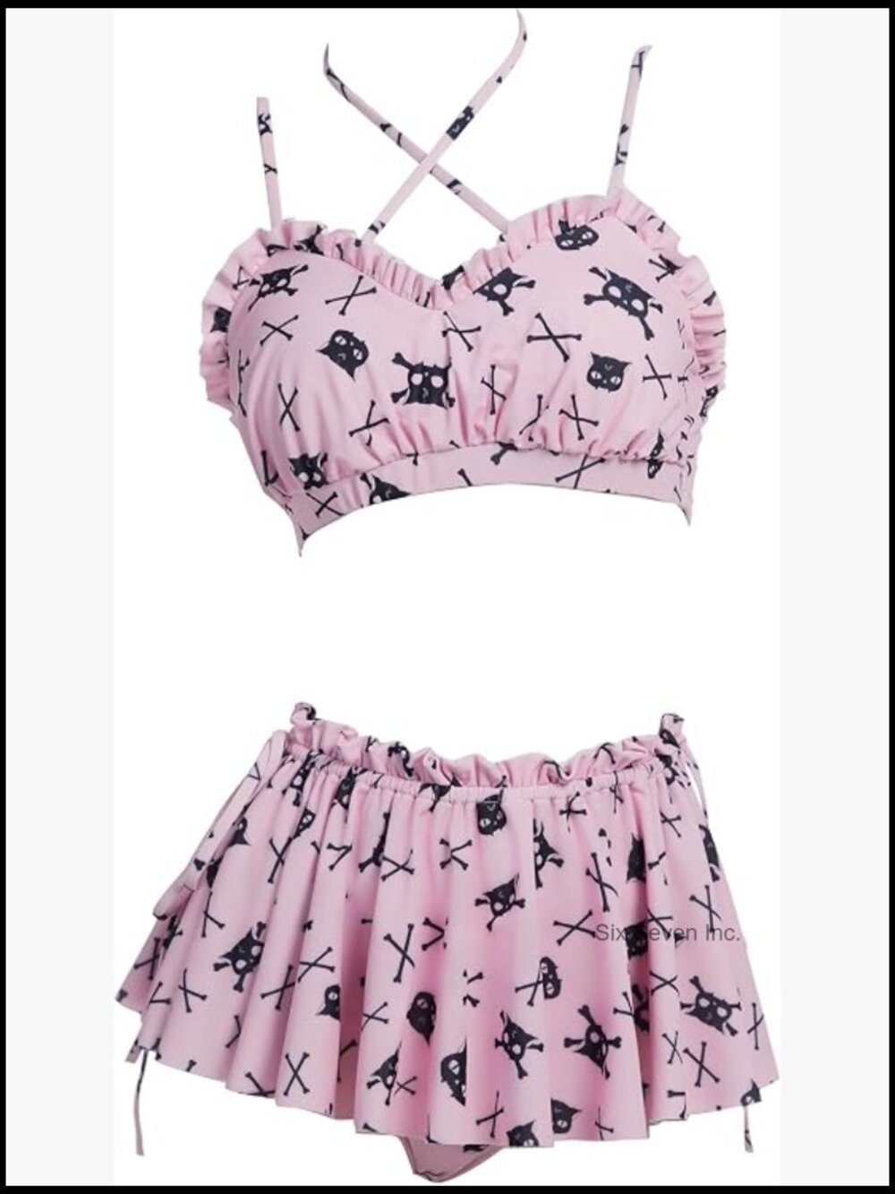 Gothic Skull Cat Bikini Set with Skirt Halter Neck Swimwear